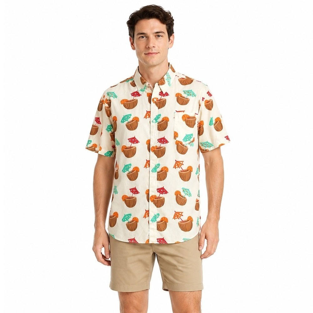 Huntington BC Men's Tropical Coconut Drink Short Sleeve Button Up Shirt Size XL